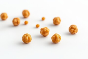 Scattered golden snacks appear on a pristine and clean white surface