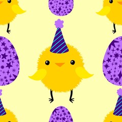 Easter chicken and eggs seamless birds pattern for wrapping paper and fabrics