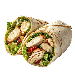 low angle of chicken caesar wrap filled with greens

