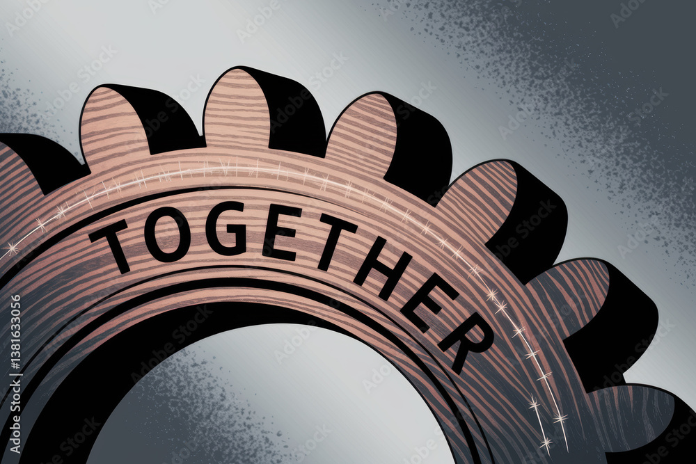 Poster interlocking gears symbolizing unity and collaboration in soft metallic hues