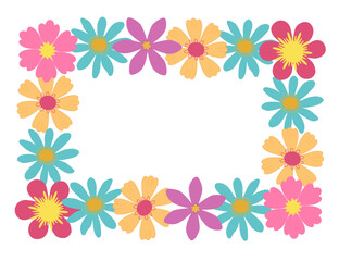Flower wreath rectangular. Flower frame for text.  Border Colorful cute flowers hand drawn. Great for posters, cards, promotions, banners, greetings, print, birthday, invitations.