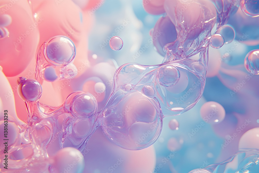 Poster abstract rendering of translucent liquid bubbles in soft pastel colors