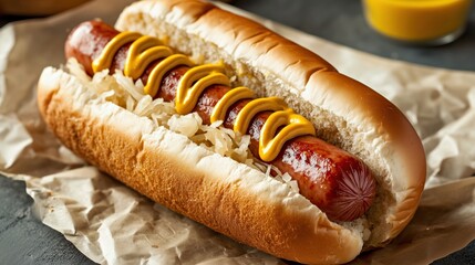 Classic New York-style hot dog featuring a grilled sausage, topped with mustard and sauerkraut in a fresh bun