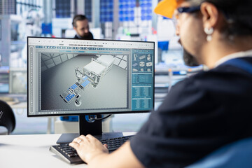 Industrial automation engineer in solar panel plant adjusting robotic machinery settings through PC...