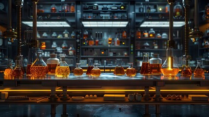 Laboratory Glassware with Orange Liquid on Shelves and Table