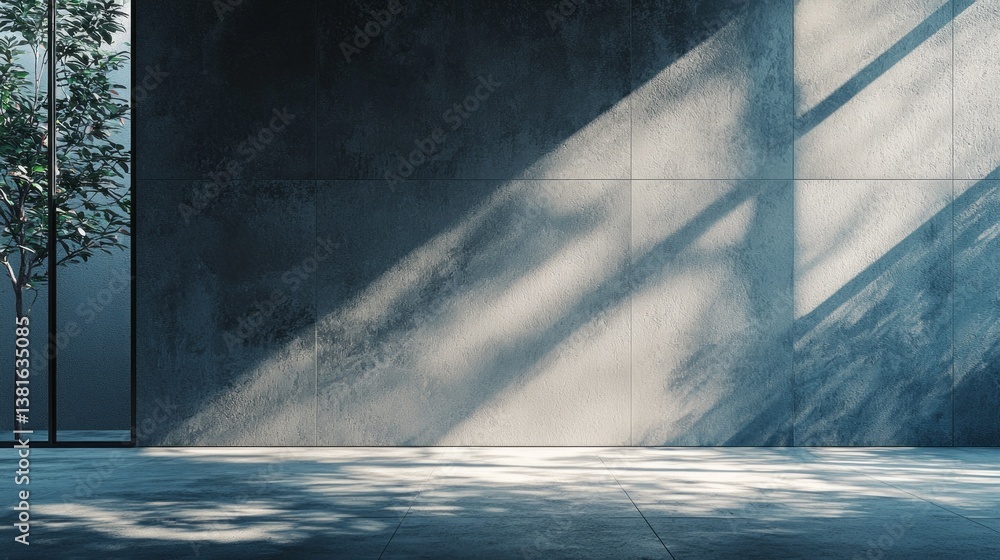 Leinwandbilder Soft sunlight filters through the clean lines of a modern storefront, creating intricate shadow patterns on the polished floor as greenery peeks through, adding a touch of nature to the urban design
