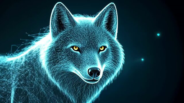 Cybernetic glowing wolf head with blue digital lines and golden eyes on dark background. 4K video