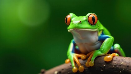 Naklejka premium Green tree frog perched on white, vibrant skin, herpetology, amphibian, animal