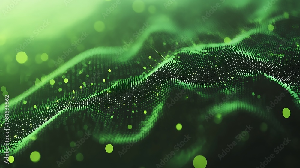 Poster an abstract green digital network showing waves with dots and light