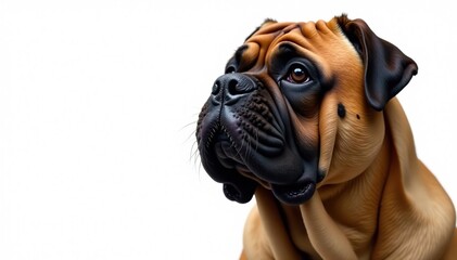 Obraz premium Imposing mastiff, head tilted, pure white backdrop, head shot, animal photography, canine photography