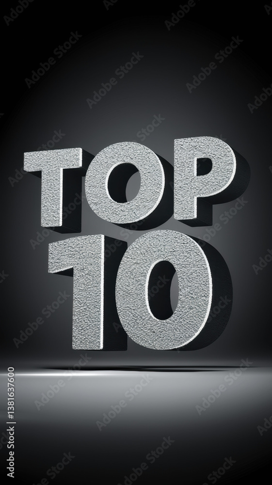 Poster dynamic 3d typography displaying 'top 10' in bold textured design with dramatic lighting