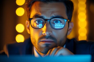 Creative of it. Engineer designing ui/ux. Computer scientist in lab. Techie middle eastern young man in a power suit, data visualization reflections in his glasses. Man with futuristic ui.
