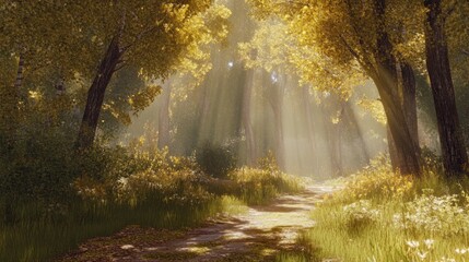 Obraz premium Sunlit path through enchanting golden forest during tranquil autumn morning