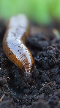 A close-up reveals a plump earthworm, its segmented body glistening with moisture, crawling through dark soil.