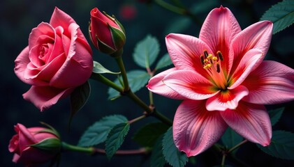 Fototapeta premium Intricate blooming roses & lilies, rich jewel tones , thread, art