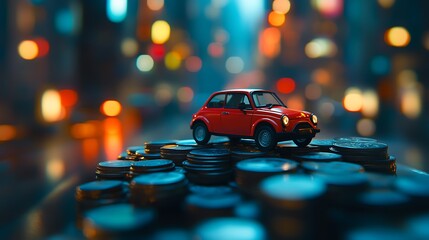 A red toy car is balanced on top of stacked coins