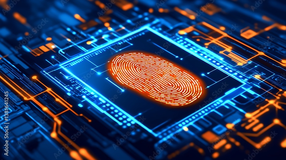 Poster a glowing fingerprint on a circuit board background demonstrates security