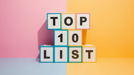 Colorful Top 10 List Display with Playful Block Letters on Soft Pastel Background