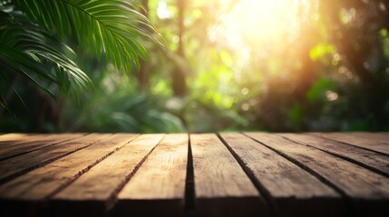 Scenic wooden platform with soft focus rainforest leaves in the background, warm golden sunlight generative ai