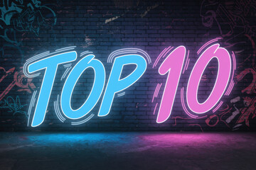 Vibrant Neon 'Top 10' Sign Illuminating a Gritty Urban Wall in Cool Blues and Pinks