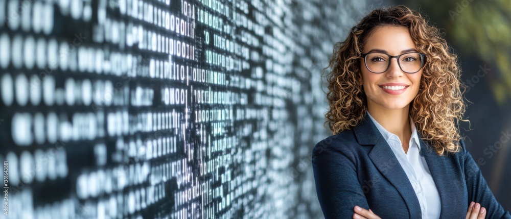 Poster confident hispanic woman with binary code background, smiling in a modern office concept of data sci