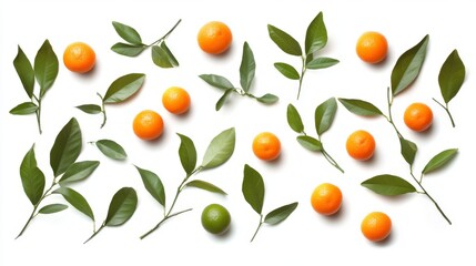 Kumquat and leaves on white background, top view