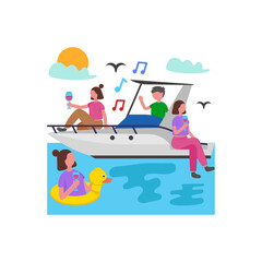 Party on Boat with Music Flat Vector Illustration