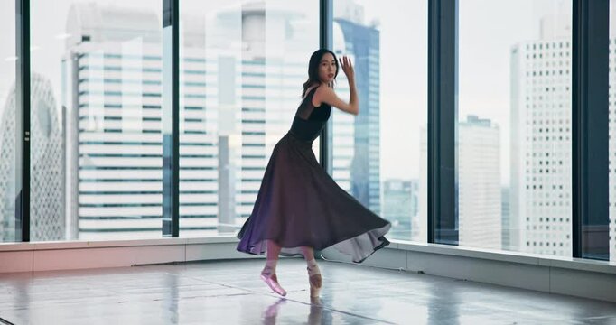 Woman, Japanese ballet and dancing in studio with elegance, talent or audition performance. Dancer, movement and creative at window with artistic expression, theater rehearsal or culture choreography