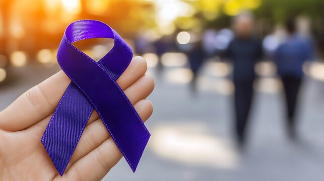 Person holding a purple ribbon on a blurry background