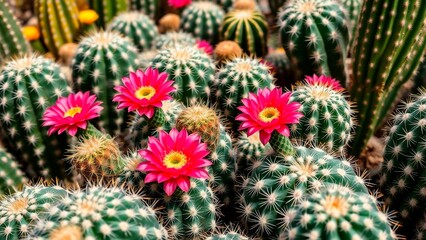 Fototapeta premium A dense cluster of flowering cacti, with vibrant pink blooms adding a splash of color to the spiky green and brown succulents. 