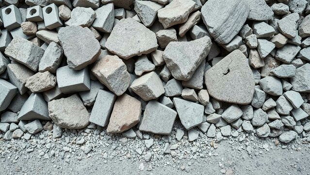 Pile of stones, rocks and pebbles, with some angular blocks at the top, on a gray base, creating a textured natural background.