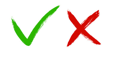 Tick and Cross sign elements. Vector check marks, approval signs design. Red X and green OK icons. Check list marks, choice options, survey signs.