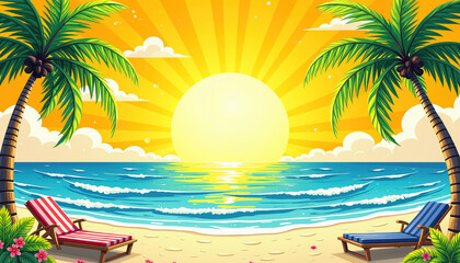 A serene illustration of a tropical sunset beach with palm trees, beach chairs, and a vibrant sunset over the ocean.