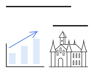 Bar graph with upward arrow indicating growth beside linear castle drawing. Ideal for progress, success, planning, strategy, heritage, development, flat simple metaphor