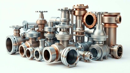 A clean, well-lit studio shot showcases a variety of industrial metal valves and pipe fittings, displaying precision engineering.