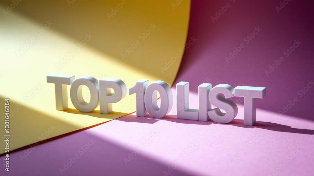 Poster top 10 list in bright colors with dynamic shadows on pastel background
