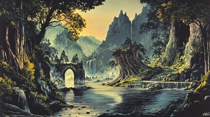 A Beautiful Landscape Depicting Waterfalls and Lush Forest Scenery