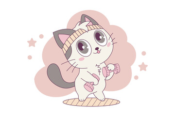 Cute kitten lifting dumbbell. Cat workout. Сartoon illustration, flat-style, workout routine. Sport. Animal, cartoon pet. Cat doing gymnastics with dumbbell. Print, sticker, vector illustration
