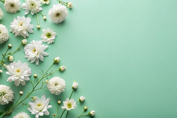 Top view of white flowers on pastel green background with empty space.