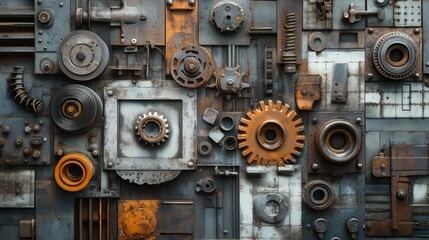steel plate have parts of automobiles on top and motorcycles, as industrial machinery backgrounds. gears, gears, shock absorber, hydraulic, shock absorber, hydraulic, shock absorber, hydraulic,