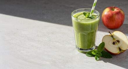 Smoothie glass with apple, mint leaves, and copy space  