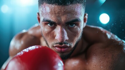 A close-up of a boxer with a red glove, sweat pouring down, encapsulating the essence of determination, strength, and the will to fight in the competitive world of boxing.