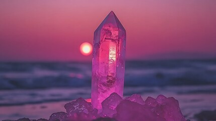 A large crystal in front of a sunset at the seaside