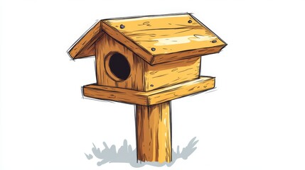 Bird feeder vector illustration on a white background. Simple wooden design with a roof and platform. Suitable for eco projects, printed materials, websites about nature, and pet supply designs