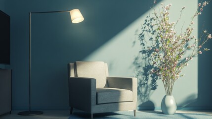 Grey armchair, floor lamp and vases with blooming tree branches near blue wall. Different color patterns