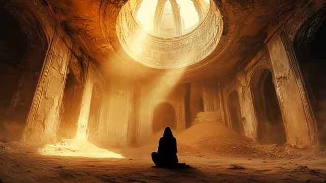 The Enigmatic Abandoned Temple Stunning Rays of Soft Light Filtering Gently Through the Ancient Ceiling Above