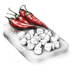 artistic hand-drawn illustration of diced onion and pepper

