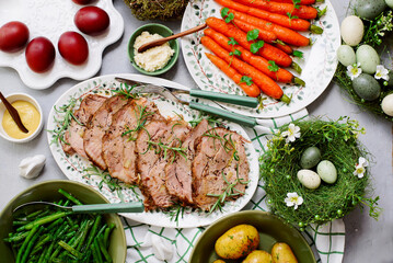 Easter baked pork, carrots, green beans and boiled potatoes.top veiw