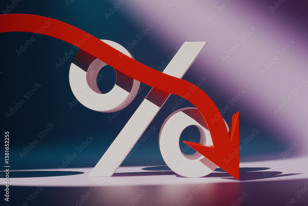 Poster declining interest rates symbolized by a bold red arrow descending towards a percentage sign in dyna