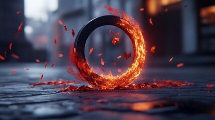 A burning fiery ring stands amid scattered red burning embers